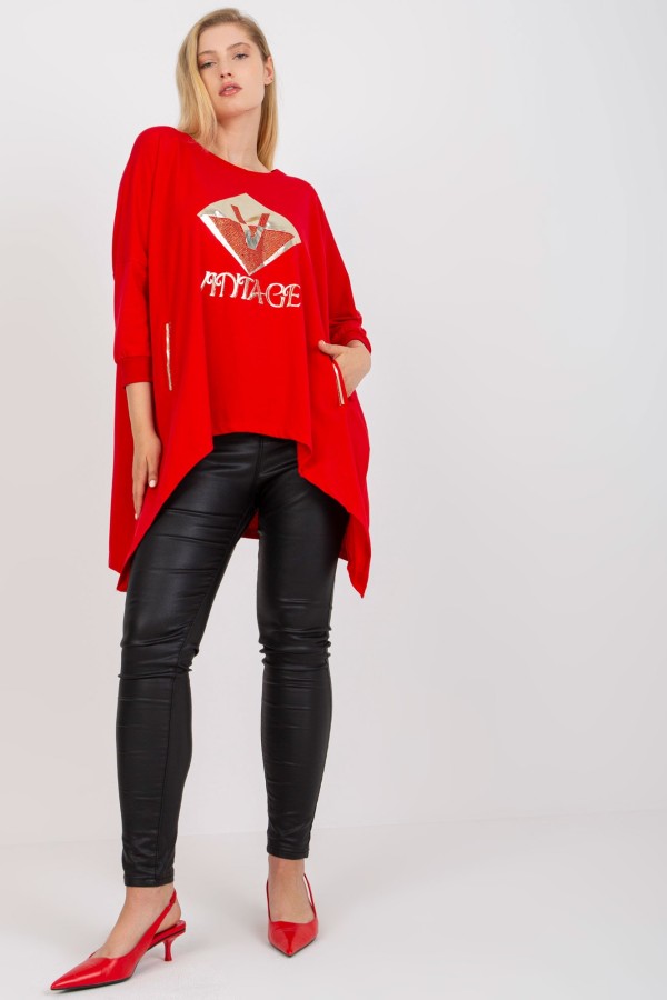 Asymetryczna bluzka tunika damska w kolorze czerwonym z kieszeniami vintage 1