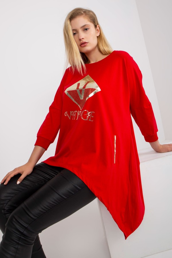 Asymetryczna bluzka tunika damska w kolorze czerwonym z kieszeniami vintage 4