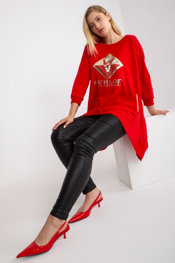 Asymetryczna bluzka tunika damska w kolorze czerwonym z kieszeniami vintage 5