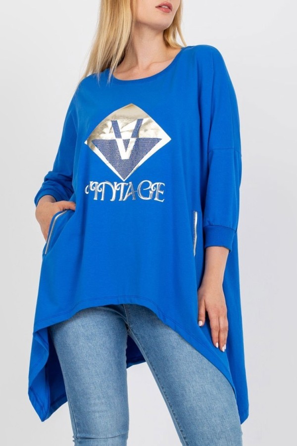 Asymetryczna bluzka tunika damska w kolorze niebieskim z kieszeniami vintage