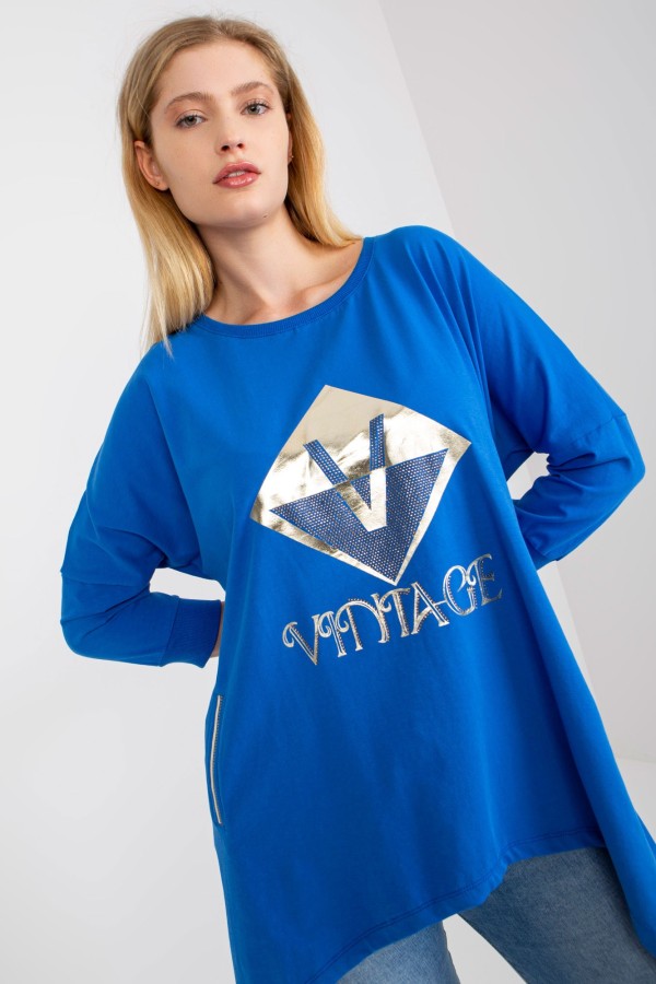 Asymetryczna bluzka tunika damska w kolorze niebieskim z kieszeniami vintage 3