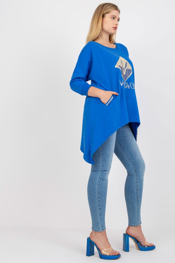 Asymetryczna bluzka tunika damska w kolorze niebieskim z kieszeniami vintage 1