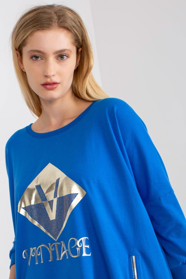 Asymetryczna bluzka tunika damska w kolorze niebieskim z kieszeniami vintage 4