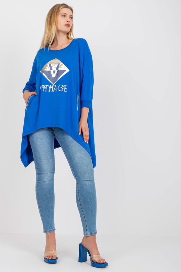 Asymetryczna bluzka tunika damska w kolorze niebieskim z kieszeniami vintage 2