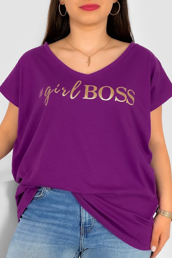 T-shirt damski plus size nietoperz dekolt w serek V-neck fioletowy Girl BOSS