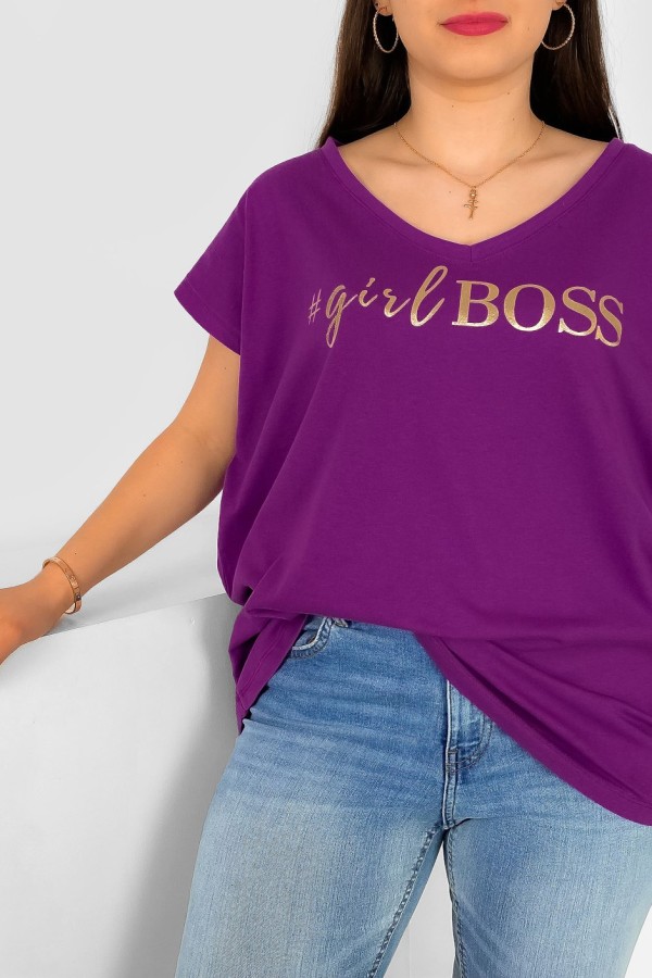 T-shirt damski plus size nietoperz dekolt w serek V-neck fioletowy Girl BOSS 1