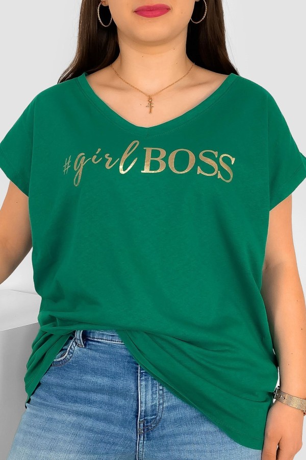 T-shirt damski plus size nietoperz dekolt w serek V-neck zielony Girl BOSS