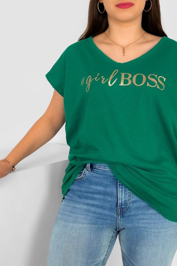 T-shirt damski plus size nietoperz dekolt w serek V-neck zielony Girl BOSS 1