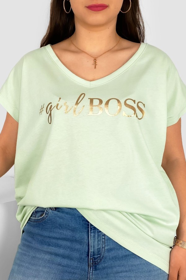 T-shirt damski plus size nietoperz dekolt w serek V-neck seledynowy Girl BOSS