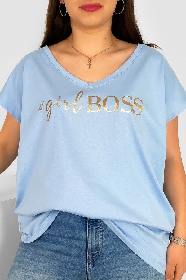 T-shirt damski plus size nietoperz dekolt w serek V-neck błękitny Girl BOSS
