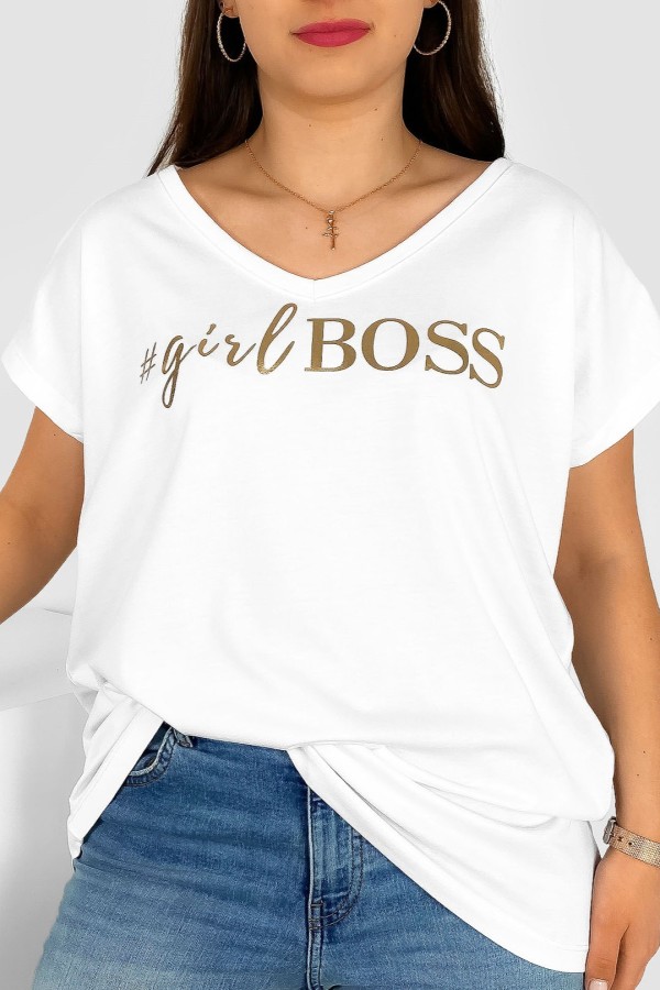 T-shirt damski plus size nietoperz dekolt w serek V-neck biały Girl BOSS