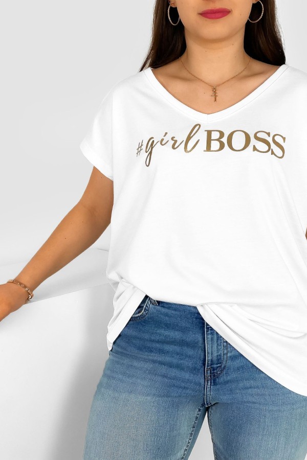 T-shirt damski plus size nietoperz dekolt w serek V-neck biały Girl BOSS 1