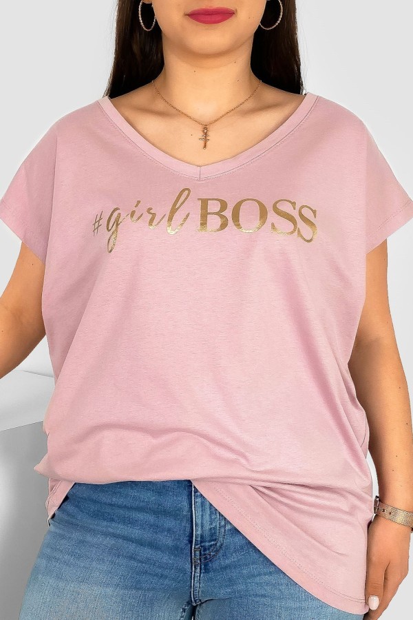T-shirt damski plus size nietoperz dekolt w serek V-neck pudrowy Girl BOSS
