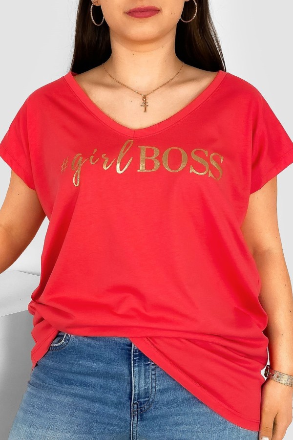 T-shirt damski plus size nietoperz dekolt w serek V-neck koralowy Girl BOSS