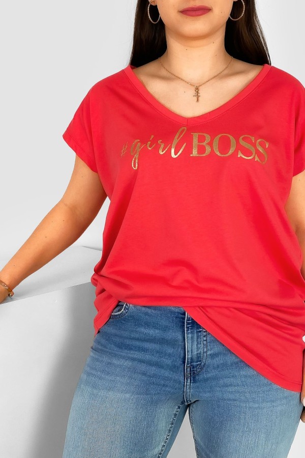 T-shirt damski plus size nietoperz dekolt w serek V-neck koralowy Girl BOSS 1