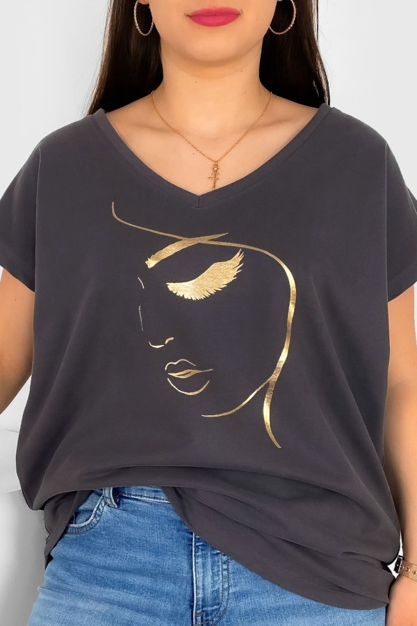 T-shirt damski plus size nietoperz dekolt w serek V-neck popielaty brąz line art face Elvi