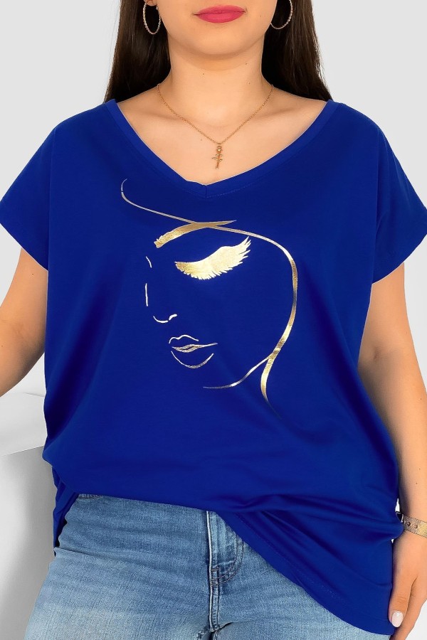 T-shirt damski plus size nietoperz dekolt w serek V-neck kobaltowy line art face Elvi