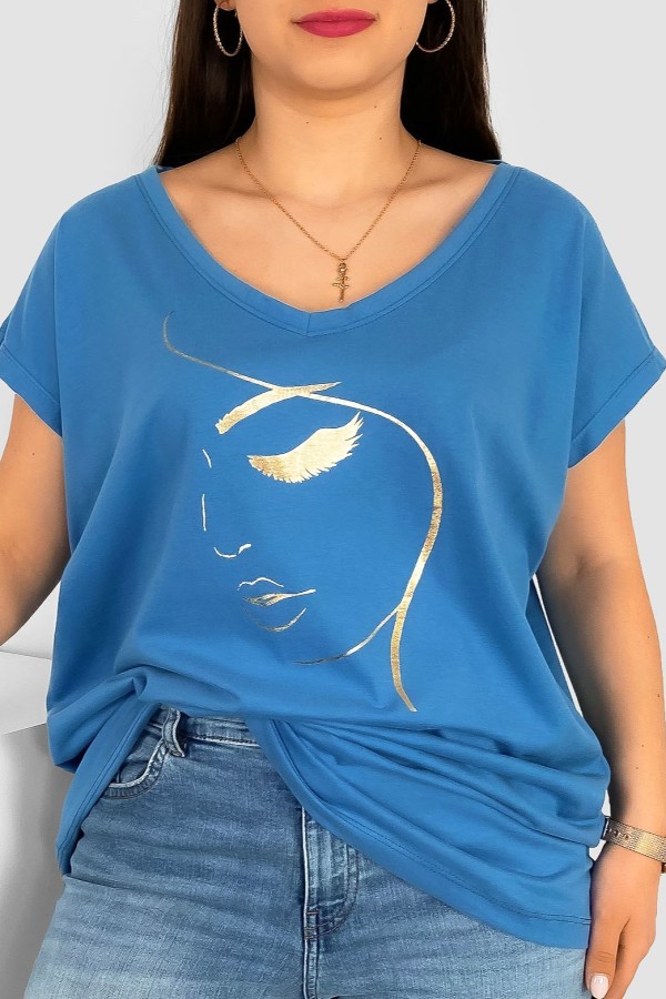 T-shirt damski plus size nietoperz dekolt w serek V-neck niebieski line art face Elvi