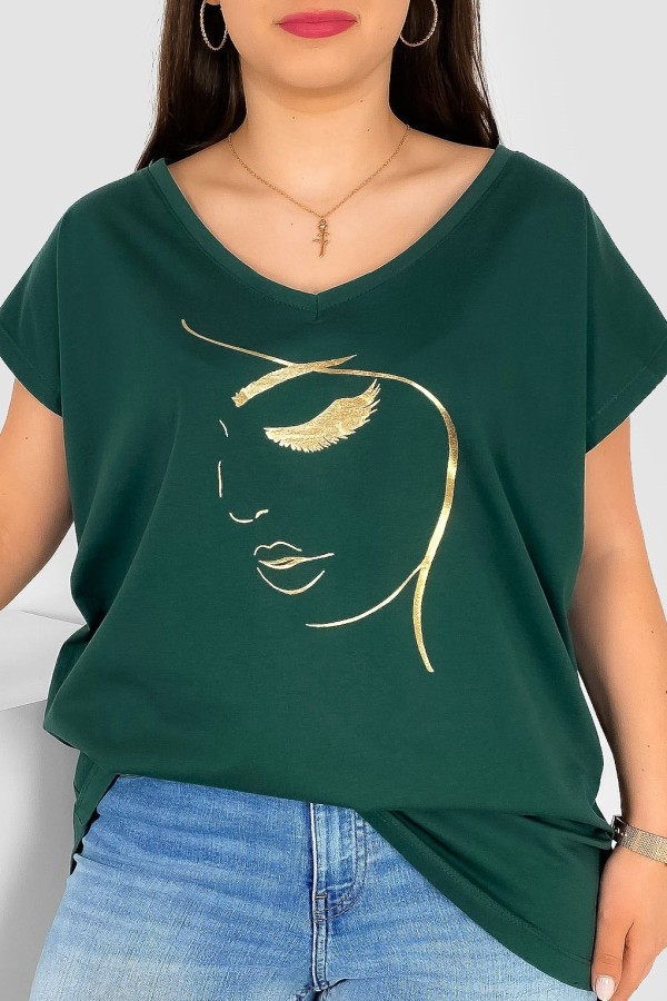 T-shirt damski plus size nietoperz dekolt w serek V-neck butelkowa zieleń line art face Elvi