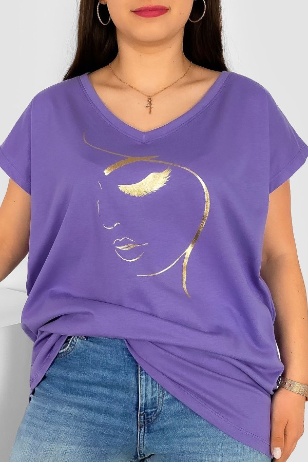 T-shirt damski plus size nietoperz dekolt w serek V-neck fioletowy line art face Elvi