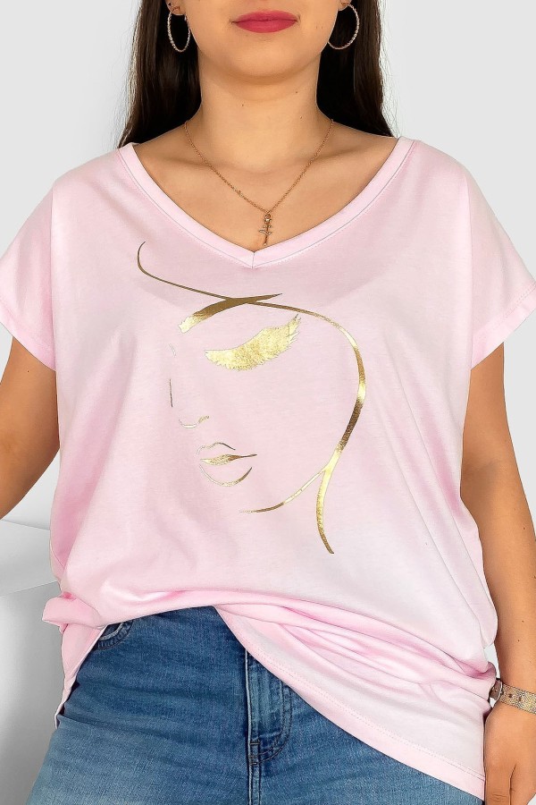 T-shirt damski plus size nietoperz dekolt w serek V-neck jasny róż line art face Elvi