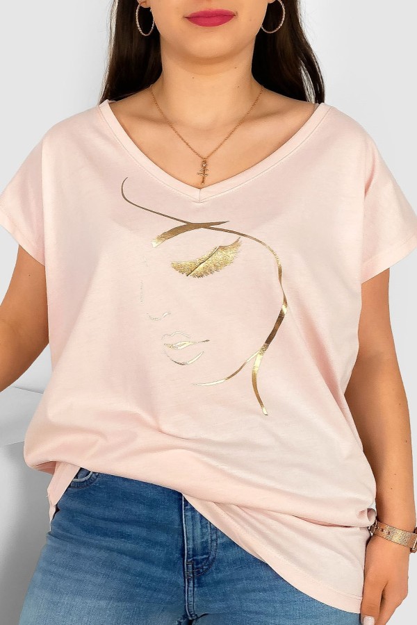 T-shirt damski plus size nietoperz dekolt w serek V-neck pudrowy line art face Elvi