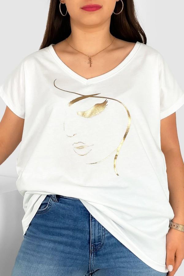 T-shirt damski plus size nietoperz dekolt w serek V-neck ecru line art face Elvi