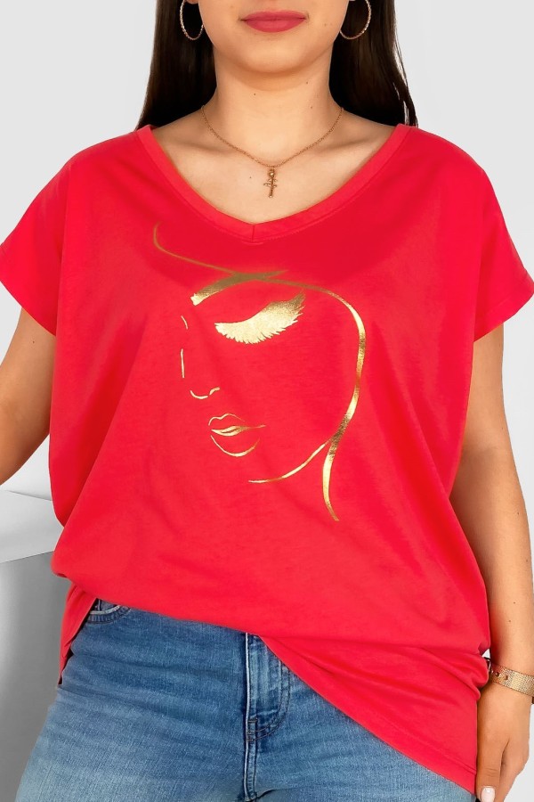 T-shirt damski plus size nietoperz dekolt w serek V-neck koralowy line art face Elvi