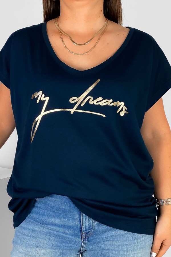 T-shirt damski plus size nietoperz dekolt w serek V-neck granatowy My Dreams