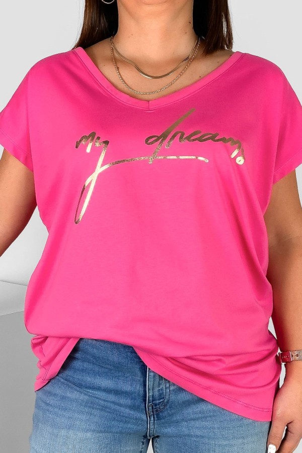 T-shirt damski plus size nietoperz dekolt w serek V-neck różowy My Dreams