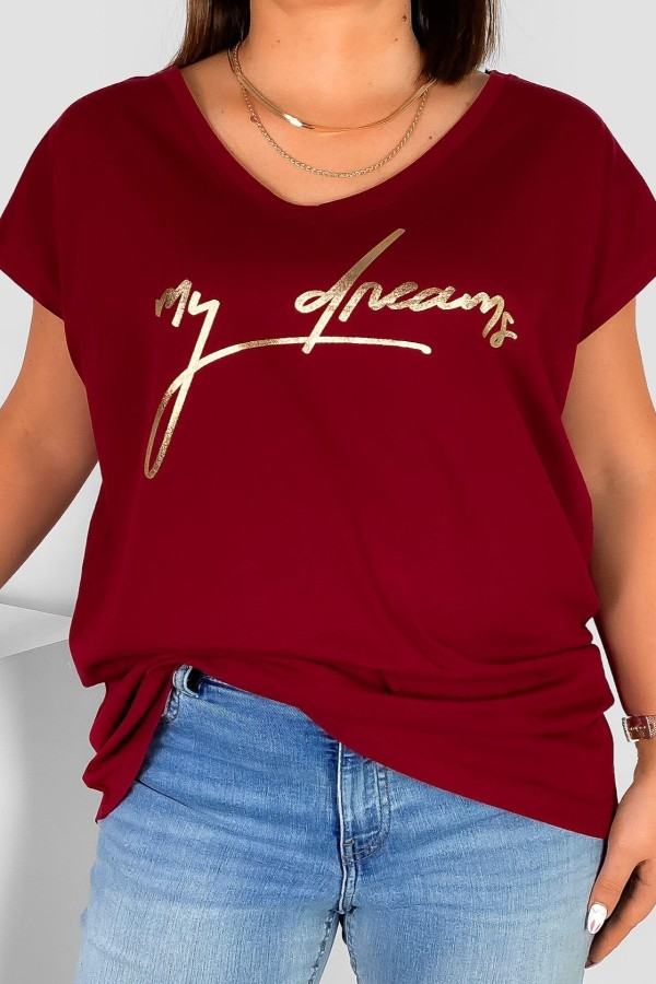 T-shirt damski plus size nietoperz dekolt w serek V-neck bordowy My Dreams 2