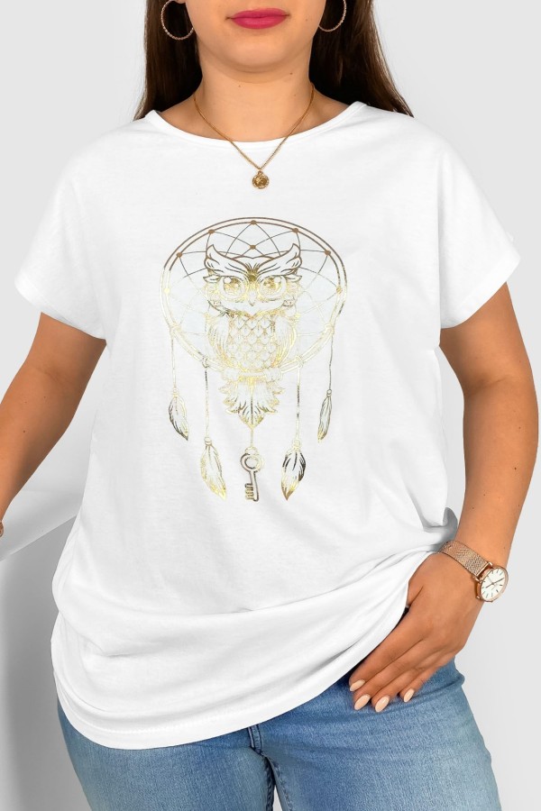 T-shirt damski plus size w kolorze białym złoty print łapacz sowa