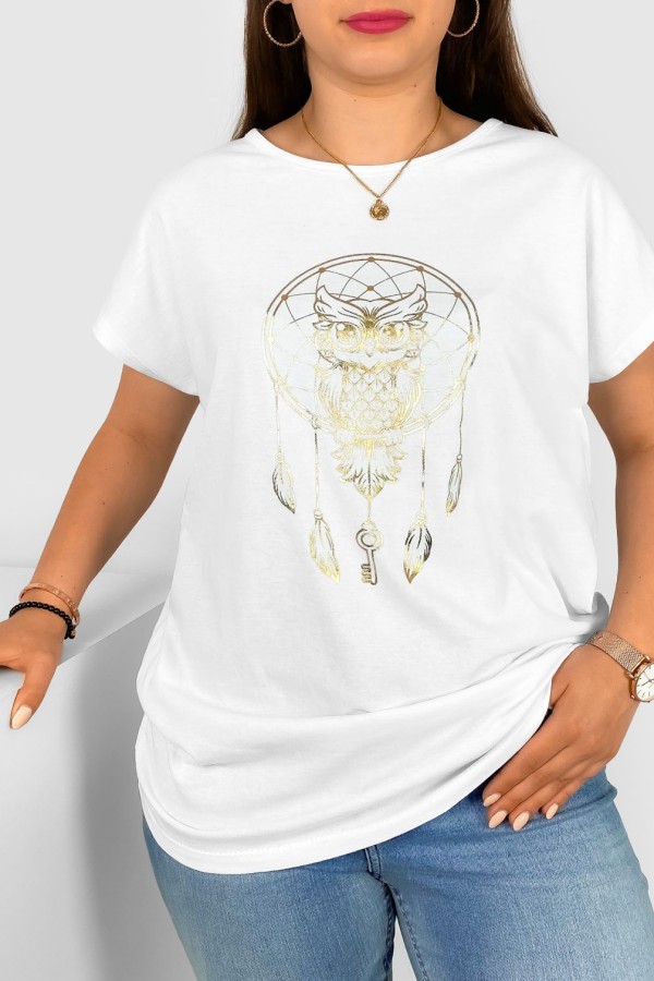 T-shirt damski plus size w kolorze białym złoty print łapacz sowa 1