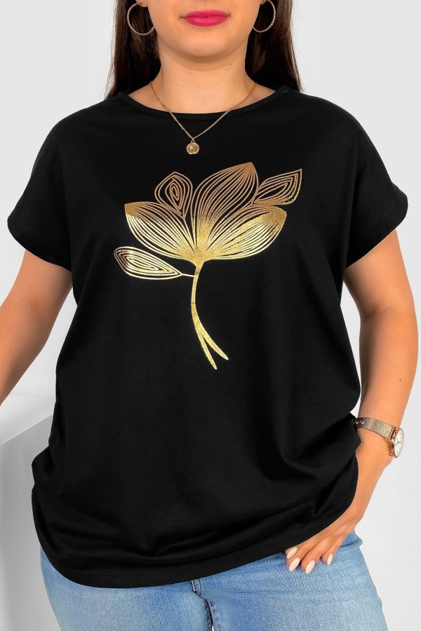 T-shirt damski plus size w kolorze czarnym złoty print liść leaf