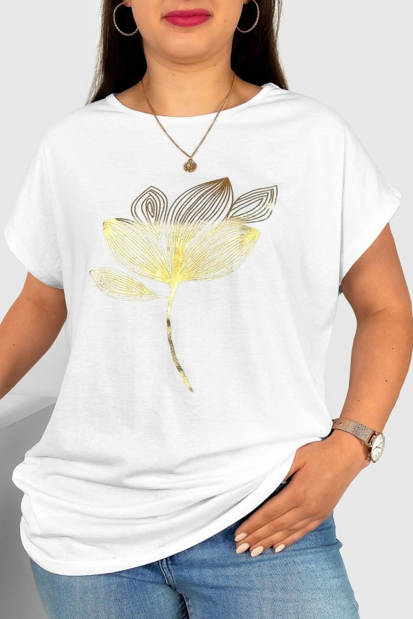 T-shirt damski plus size w kolorze białym złoty print liść leaf