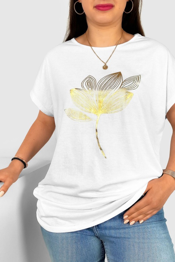T-shirt damski plus size w kolorze białym złoty print liść leaf 1