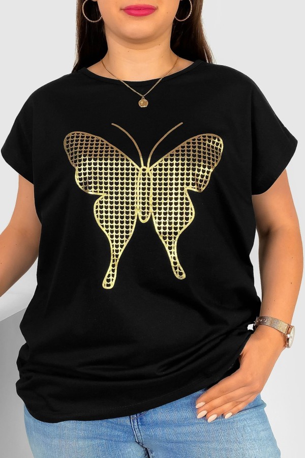 T-shirt damski plus size w kolorze czarnym złoty print siateczkowy motyl