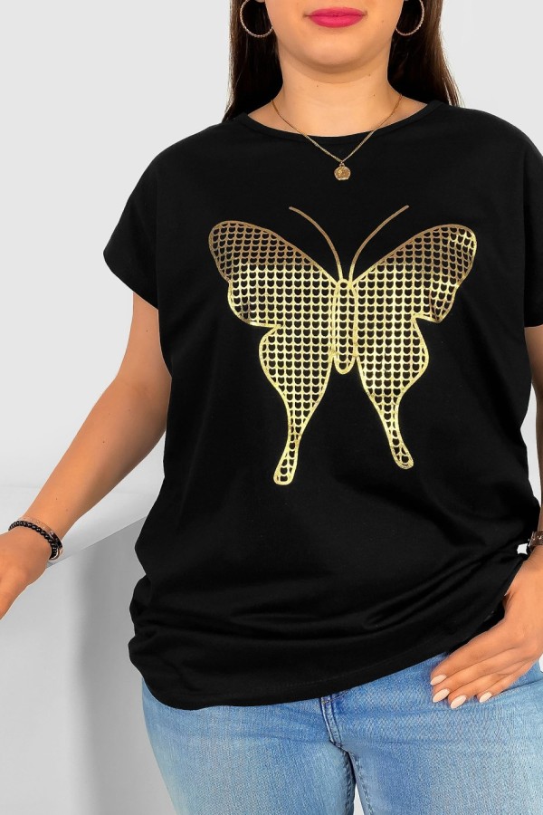 T-shirt damski plus size w kolorze czarnym złoty print siateczkowy motyl 1