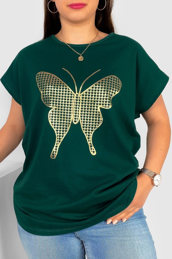 T-shirt damski plus size w kolorze butelkowej zieleni złoty print siateczkowy motyl