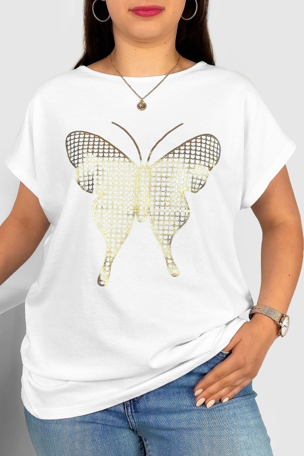 T-shirt damski plus size w kolorze białym złoty print siateczkowy motyl