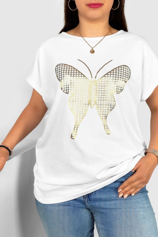 T-shirt damski plus size w kolorze białym złoty print siateczkowy motyl 1
