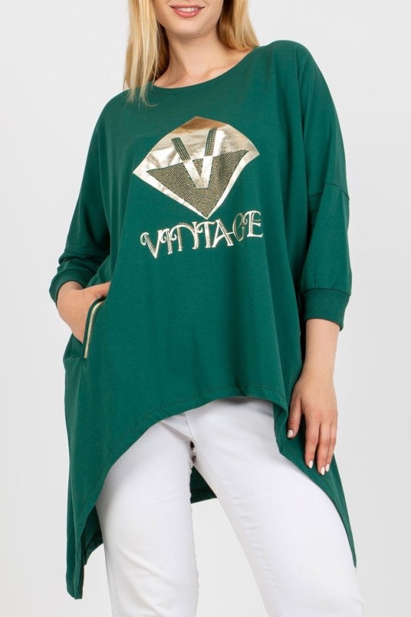Asymetryczna bluzka tunika damska w kolorze zielonym z kieszeniami vintage