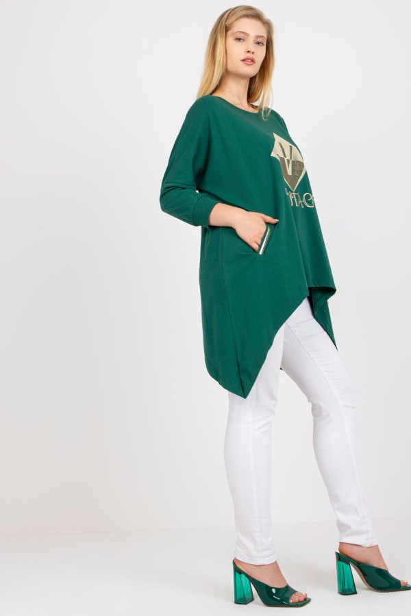 Asymetryczna bluzka tunika damska w kolorze zielonym z kieszeniami vintage 1