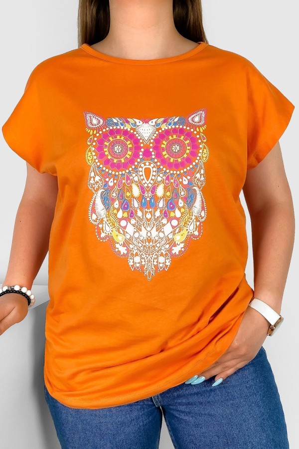 T-shirt damski nietoperz w kolorze pomarańczowym nadruk sowa multikolor