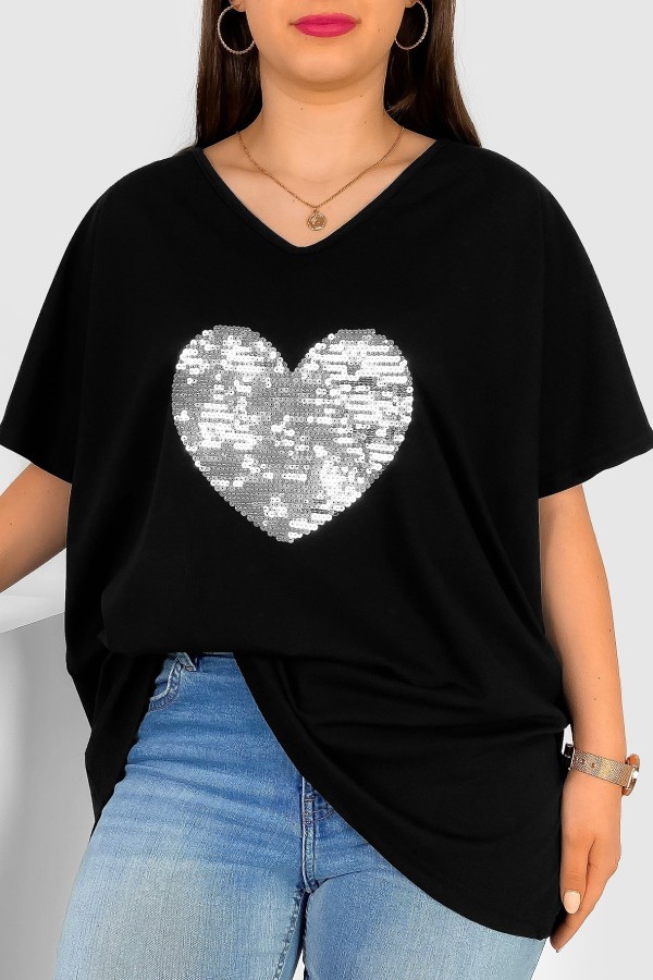 Bluzka damska T-shirt plus size w kolorze czarnym srebrne serce ciekiny