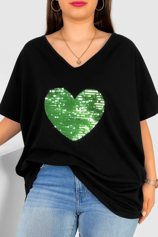 Bluzka damska T-shirt plus size w kolorze czarnym zielone serce ciekiny