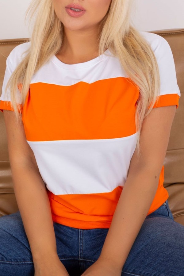 Bluzka damska T-shirt pasy w kolorze biało pomarańczowym Megi