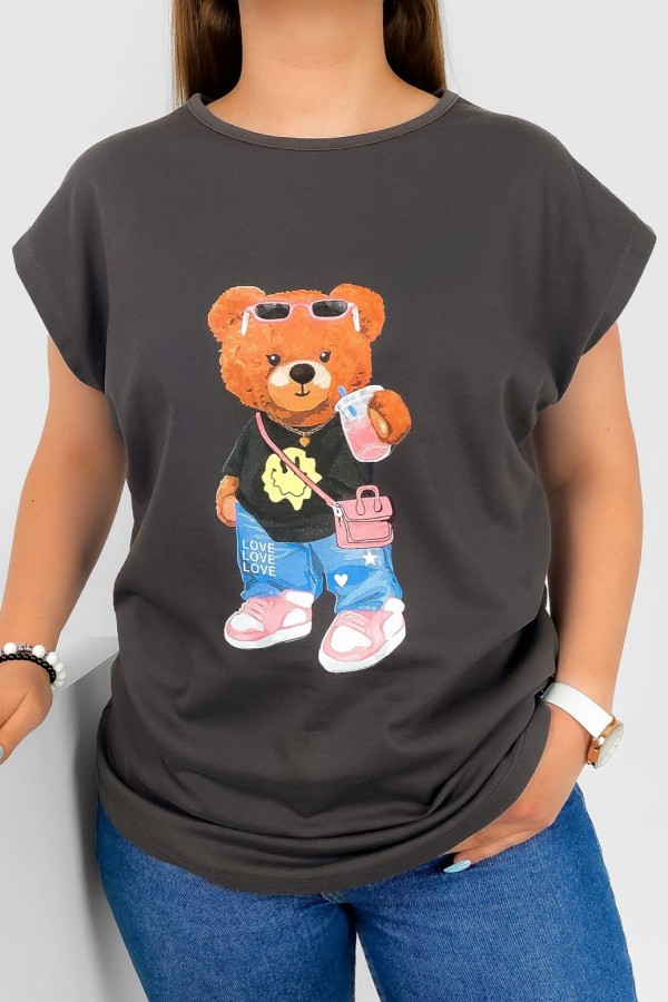 T-shirt damski nietoperz w kolorze popielatego brązu nadruk miś teddy