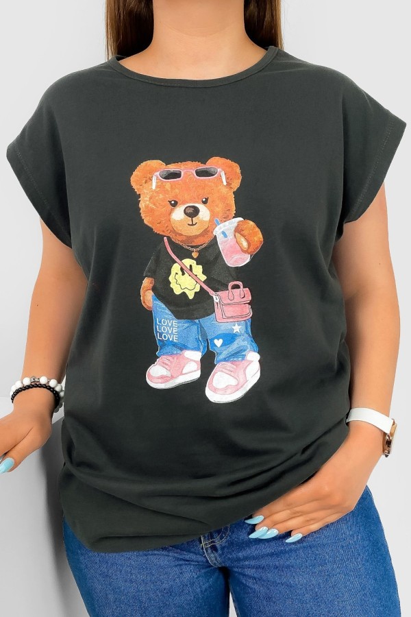 T-shirt damski nietoperz w kolorze grafitowym nadruk miś teddy