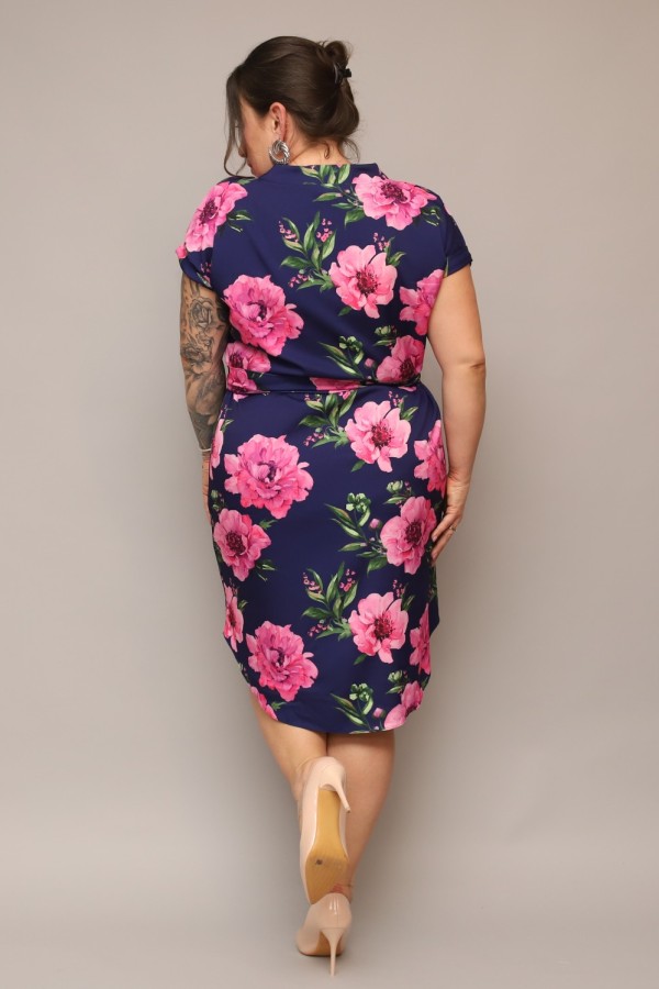 Sukienka plus size granatowa print kwiaty koszulowa z paskiem Milena 4